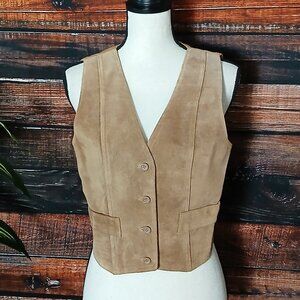 Foxmoor Vintage Vest Genuine Leather Suede Boho 70s Cropped Hippie Tan Button